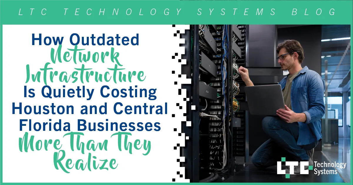 Technician inspecting outdated network infrastructure in a server room